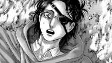 a black and white drawing of hanji from attack on titan wearing glasses and a hood .