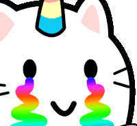 a white cat with a unicorn horn is crying with rainbow tears coming out of its eyes