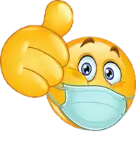 a cartoon smiley face wearing a mask gives a thumbs up