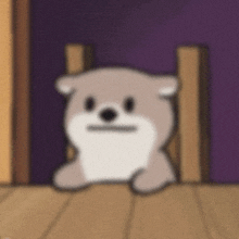 a cartoon dog is sitting on a wooden chair looking at the camera .