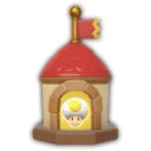 a cartoon house with a red roof and a yellow door with a toad inside .