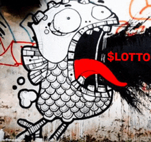 a black and white drawing of a fish with a red tongue and the words $ lotto written on the bottom