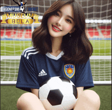 a girl in a blue adidas shirt holds a soccer ball