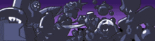 a pixel art of a group of monsters with purple background