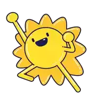 a cartoon illustration of a yellow sun with a face and arms