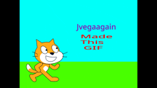 a cartoon cat is walking in a field with the words jvegaagain made this gif below it