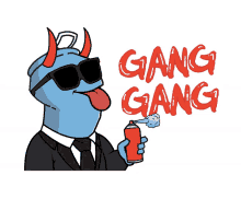 a cartoon of a devil in a suit holding a spray can and saying gang gang