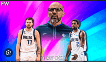 three dallas basketball players are standing next to each other on a colorful background