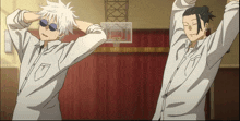 two anime characters stretch their arms in front of a basketball net