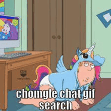 a cartoon character is dressed as a unicorn and is crawling on the floor .