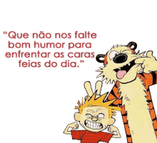 a picture of calvin and hobbes with a quote in portuguese