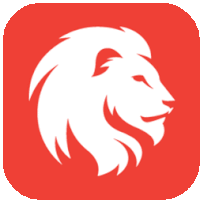 a white lion 's head is on a red background