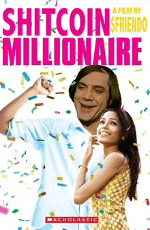 a movie poster for shitcoin millionaire shows a man and a woman surrounded by confetti