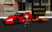 a sign that says santas sleigh next to a car