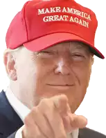 a man wearing a make america great again hat points at the camera