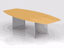 a table with a wooden top and a silver base