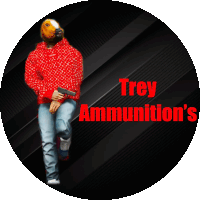 a logo for trey ammunition 's shows a man with a bird on his head holding a gun