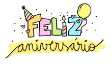 a hand drawn illustration of the words feliz aniversario with a party hat and balloon