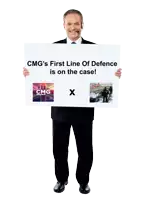 a man holding a sign that says cmg 's first line of defence