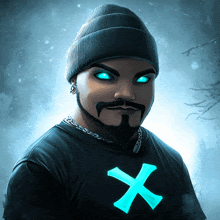 a man with a beard and blue eyes is wearing a black shirt with a blue x on it