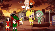 a group of anime characters are standing around a bench with the letter p on the bottom right