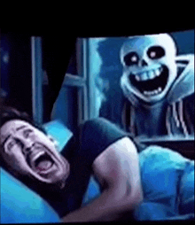 a man is laying in bed with his mouth open while a skeleton is standing next to him .