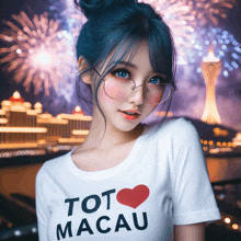 a girl wearing glasses and a tot macau shirt