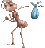 a pixel art of a cartoon ant holding a blue bag .