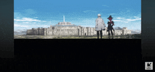 a couple of people standing in front of a large building that says ' tokyo ghoul ' on it