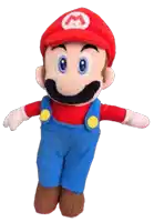 a stuffed mario with overalls and a red hat