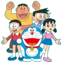 a group of cartoon characters including doraemon and nobita pose for a picture