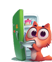 a cat is holding a fish in front of a green refrigerator .