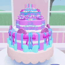 a purple and blue cake with lollipops on top