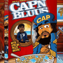 a box of capn bluus cereal with a cartoon man smoking a cigar