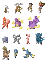 a bunch of pokemon sprites on a white background including a purple pokemon