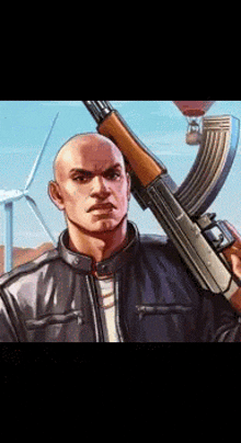 a bald man is holding a gun in a video game