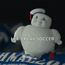 a picture of a puppet that says let 's play soccer on it