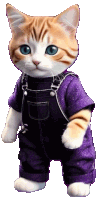 a cat with blue eyes is wearing purple overalls and a purple shirt