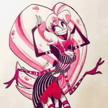 a drawing of a pink and black cartoon character with a heart shaped tail .