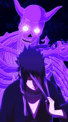 a purple skeleton is standing next to a man with a sword in his hand