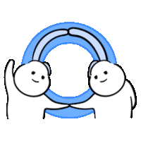 two stick figures are standing next to each other in front of a blue circle with a smile on their faces .