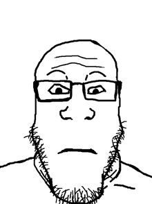 a black and white drawing of a man with a beard and glasses making a sad face .