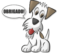 a cartoon dog with a speech bubble saying obrigado