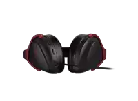 a pair of black and red headphones with a microphone attached