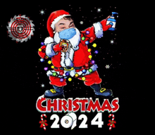 a christmas poster with santa wearing a mask and holding a bottle of sanitizer