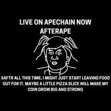 a black background with a drawing of a man 's head and the words live on apechain now afterrape