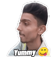 a sticker of a man with a smiley face and the word yummy on it