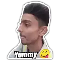 a sticker of a man with a smiley face and the word yummy on it