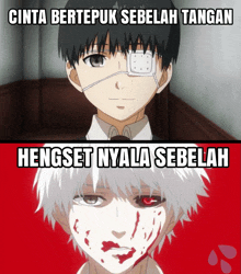 a picture of a boy with bandages on his eyes and a picture of a boy with blood on his face