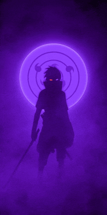 a silhouette of sasuke uchiha with a sword in front of a purple background .